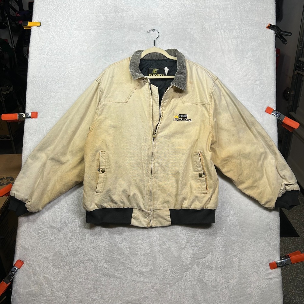 Vintage K-Products Bomber Jacket Mens Cream Corduroy Collar Full Zip Workwear XL